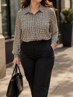 NWT INDUSTRY Black White Geometric Ruffle Pintuck Button Down Career Blouse